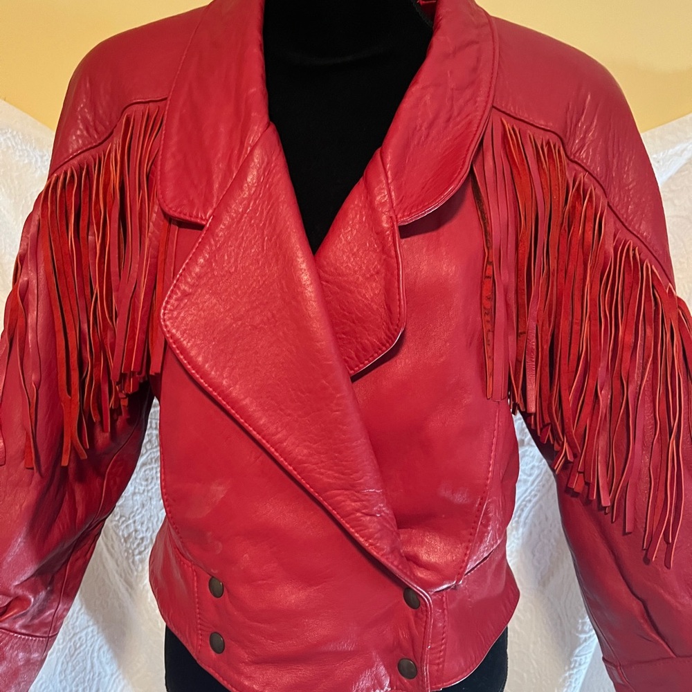 Crimson Leather Jacket with Fringe Accents